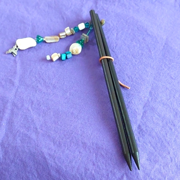 Hair Sticks Wooden with Abalone  Glass Beads and a Hummingbird. Handmade - Picture 1 of 6